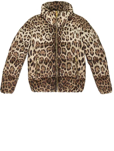 Dolce & Gabbana Leopard Print Short Down Jacket In Beige For Women