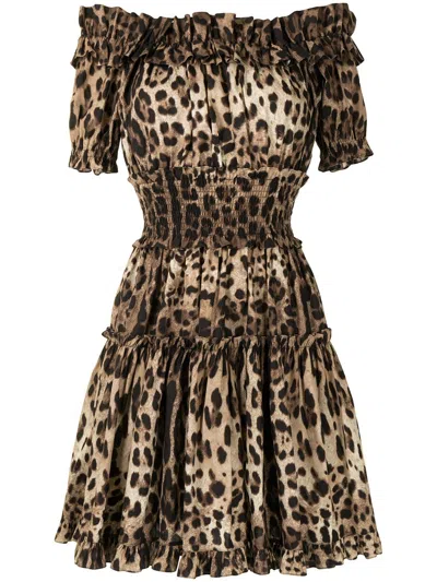 Dolce & Gabbana Leopard Print Short Dress In Brown