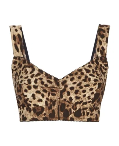Dolce & Gabbana Short Bustier Top In Charmeuse With Leopard Print In Multicolor