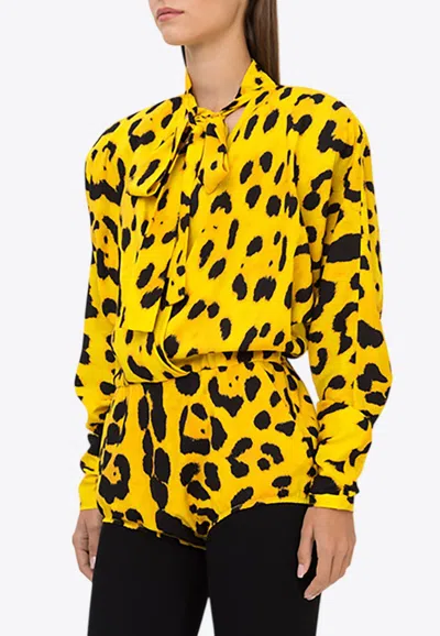 Dolce & Gabbana Pussy-bow Leopard-print Silk-blend Crepe Bodysuit In Animal-print