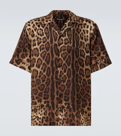 Dolce & Gabbana Leopard-print Silk Bowling Shirt In Brown