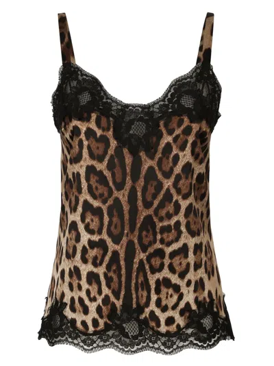 Dolce & Gabbana Leopard-print Silk Camisole With Lace Detailing And Scallop Hem In Brown