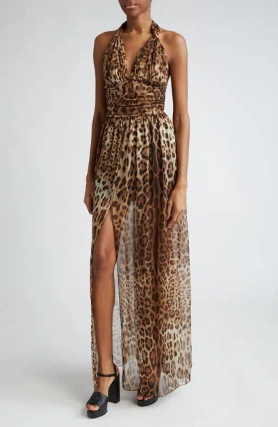 Dolce & Gabbana Leopard-print Halterneck Silk Gown In Lghbrowprt