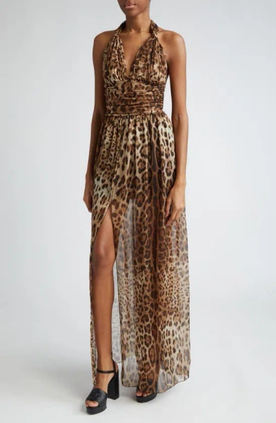 DOLCE & GABBANA LEOPARD PRINT SILK CHIFFON HALTER DRESS