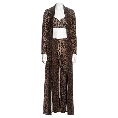 Pre-owned Dolce & Gabbana Leopard Print Silk Coat, Pants And Bra Ensemble, Ss 1997 In Black