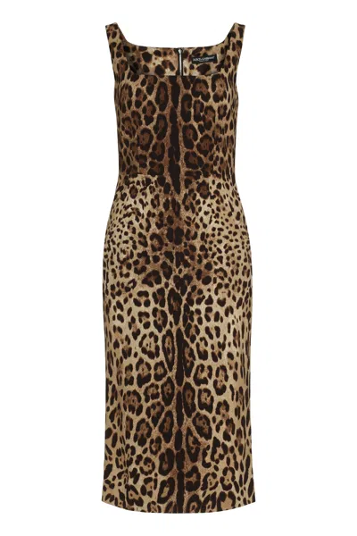 Dolce & Gabbana Leopard Print Silk Dress With Back Slit Hem In Brown