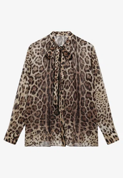 Dolce & Gabbana Leopard Print Silk Georgette Shirt In Brown