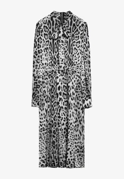 Dolce & Gabbana Leopard Print Silk Longuette Dress In Black