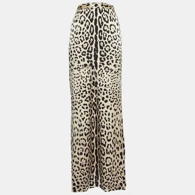 Pre-owned Dolce & Gabbana Leopard Print Silk Satin Maxi Skirt L In Cream