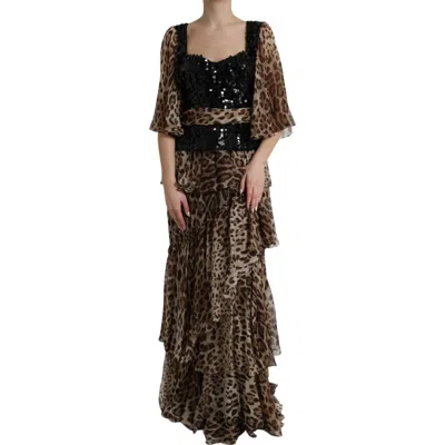 DOLCE & GABBANA DOLCE & GABBANA LEOPARD PRINT SILK SEQUIN RUFFLE MAXI WOMEN'S DRESS
