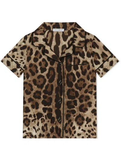 Dolce & Gabbana Kids' Leopard-print Short-sleeve Shirt In Brown