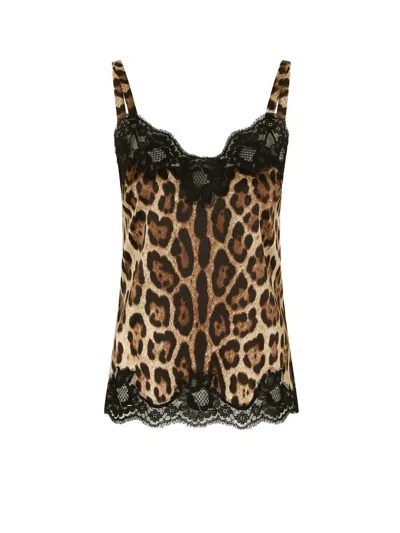 Dolce & Gabbana Leopard Print Silk Top In Brown