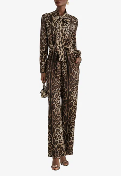 Dolce & Gabbana Leopard Print Silk Twill Belted Jumpsuit In Brown
