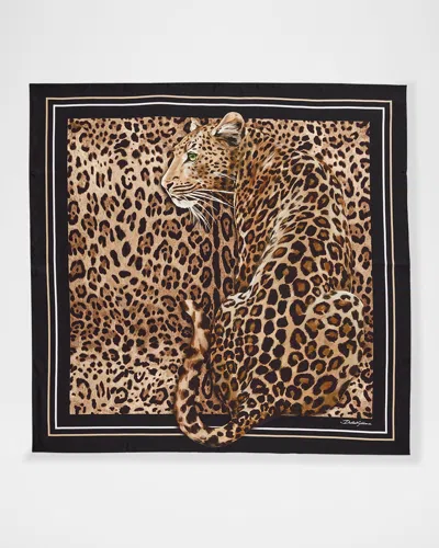 Dolce & Gabbana Leopard-print Silk Twill Foulard Scarf In Brown