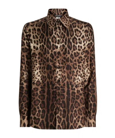 Dolce & Gabbana Leopard Print Silk Twill Gold Shirt In Black