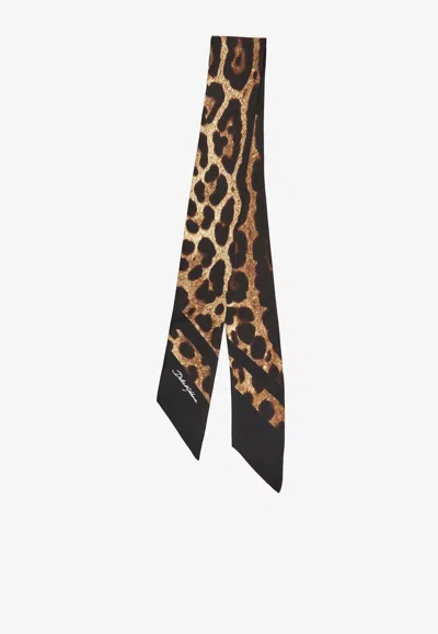 Dolce & Gabbana Leopard Print Silk Twill Scarf In Brown