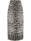 Dolce & Gabbana Leopard Print Charmeuse Longuette Skirt In Grey