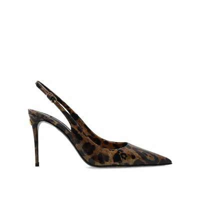 Dolce & Gabbana Polished Calfskin Slingbacks With Leopard Print In Brown