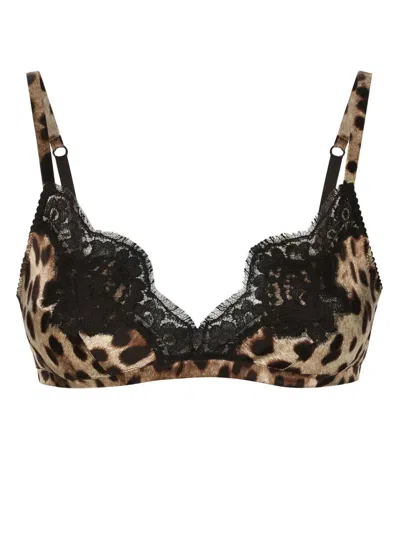 Dolce & Gabbana Leopard-print Soft-cup Satin Bra With Lace Detailing
