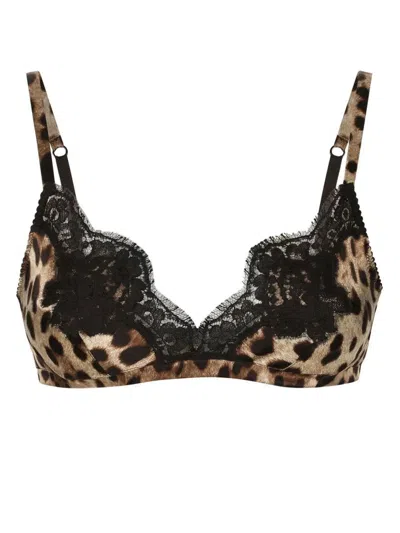 DOLCE & GABBANA DOLCE & GABBANA LEOPARD-PRINT SOFT-CUP SATIN BRA WITH LACE DETAILING CLOTHING