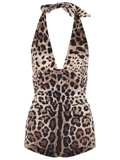 Dolce & Gabbana Women Leopard Printed Sensitive Fabric One-piece Swimsuit In Brown