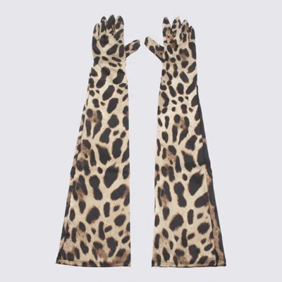 Dolce & Gabbana Leopard Print Stretch Satin Long Gloves In Brown