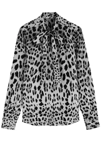 Dolce & Gabbana Leopard Print Bow Charmeuse Shirt In Multicolor