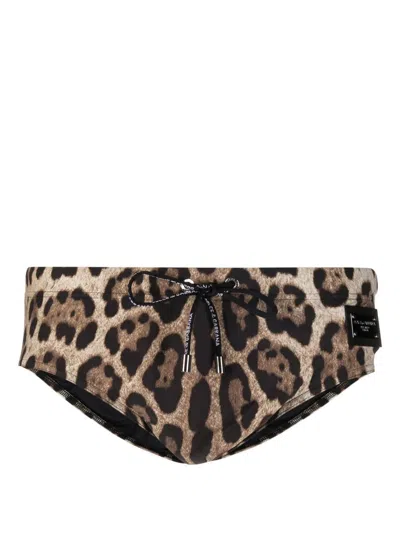 Dolce & Gabbana Leopard Print Swimming Trunks In Brown