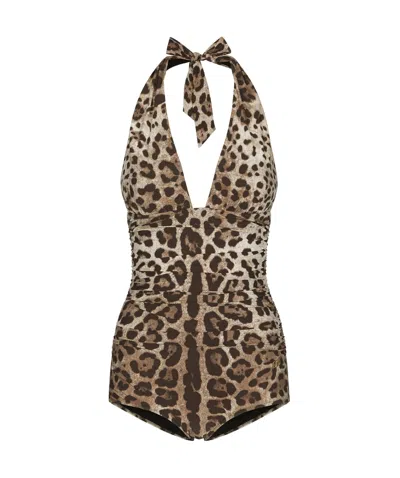 DOLCE & GABBANA DOLCE  GABBANA LEOPARD-PRINTED V-NECK SWIMSUIT