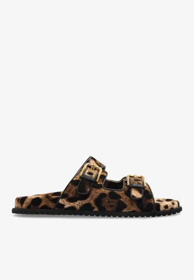 Dolce & Gabbana Leopard Print Velvet Slides In Brown