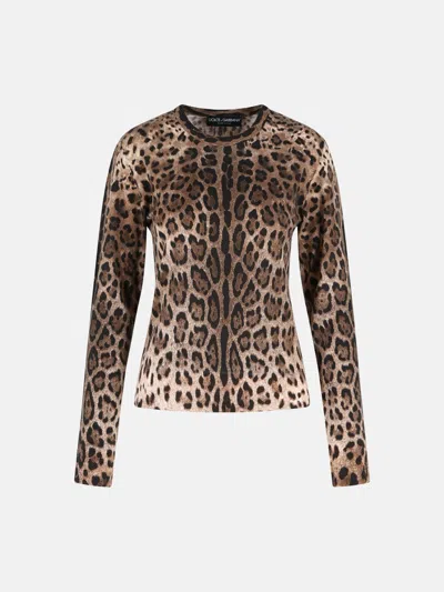 Dolce & Gabbana Leopard Print Virgin Wool Sweater In Brown
