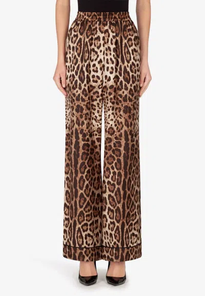 Dolce & Gabbana Leopard Print Wide-leg Satin Pants In Brown