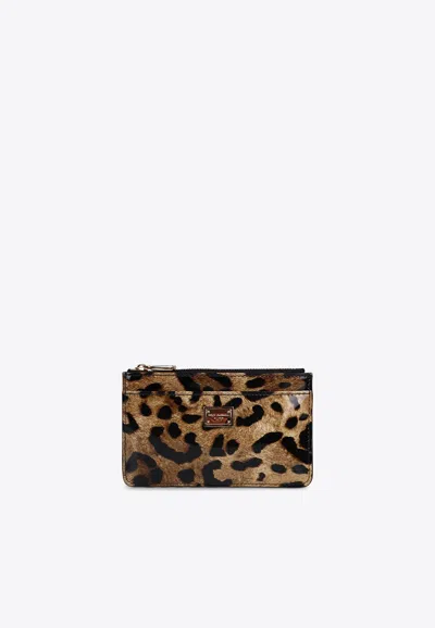 Dolce & Gabbana Leopard Print Zip Cardholder In Brown