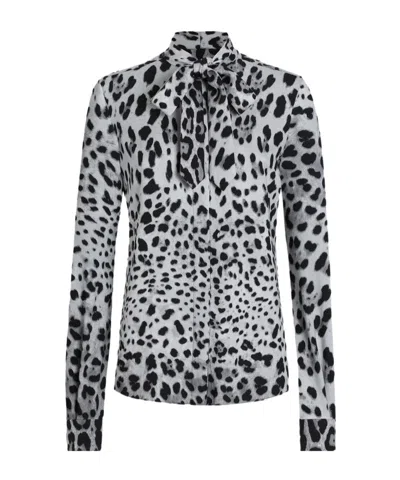 Dolce & Gabbana Leopard-print Charmeuse Shirt With Pussy-bow In Multi