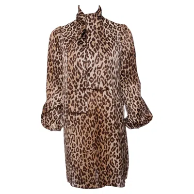 Pre-owned Dolce & Gabbana , Leopard Printed Silk Dress With Bow In Size It40/xs. In Brown