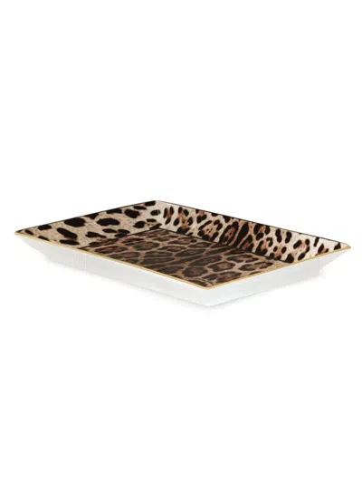 Dolce & Gabbana Leopard Rectangular Porcelain Trinket Tray In Animal Print