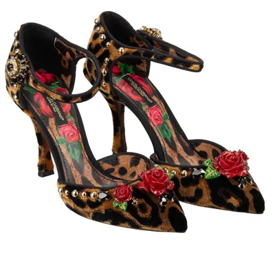 Pre-owned Dolce & Gabbana Leopard Rose Crystal Studs Velvet Pumps Lori Black Brown 13071