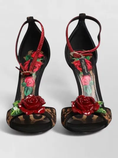 Dolce & Gabbana Leopard Roses Ankle Strap Open Toe Pumps In Black
