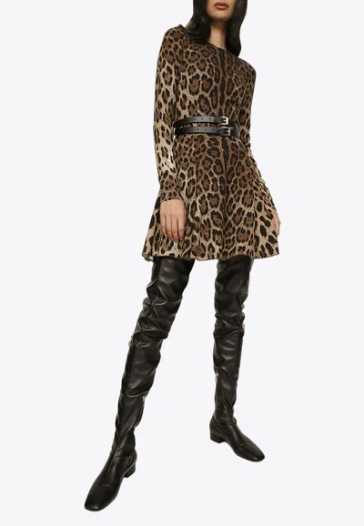 Dolce & Gabbana Leopard Sleeved Mini Dress In Brown