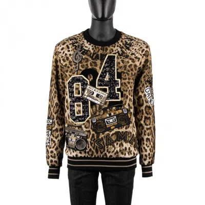 Pre-owned Dolce & Gabbana Leopard Sweater With Music Jazz Blues Embroidery Black 08937