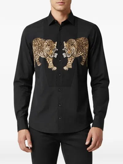 Pre-owned Dolce & Gabbana Leopard-appliqué Tuxedo Shirt In Black