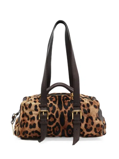 Pre-owned Dolce & Gabbana Leopard-print Calf Hair Satchel Bag In Brown