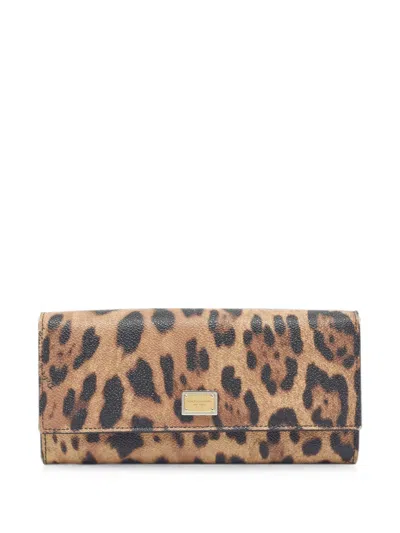 Pre-owned Dolce & Gabbana Leopard-print Canvas Continental Wallet In Neutral