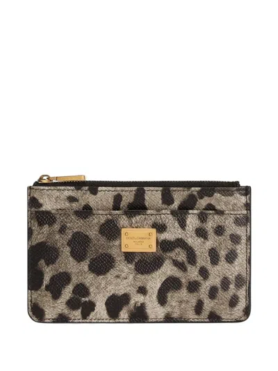 Dolce & Gabbana Leopard-print Dauphine Calfskin Card Holder In Marrone