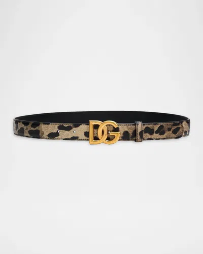 Dolce & Gabbana Leopard-print Glossy Leather Belt With Dg Logo In Leo New