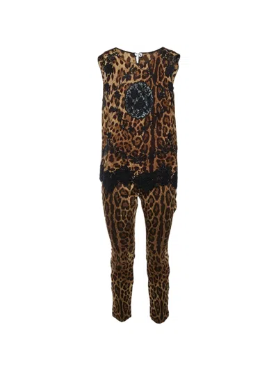 Pre-owned Dolce & Gabbana Leopard-print Lace-trim Suit In Brown