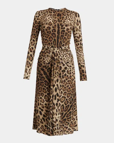 Dolce & Gabbana Leopard-print Long-sleeve Twisted Midi Cocktail Dress In Multi