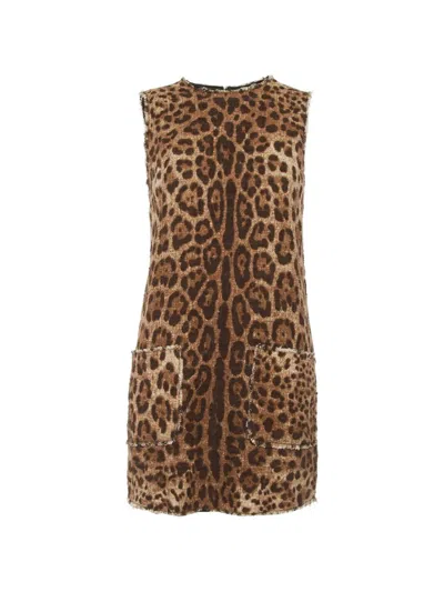 Pre-owned Dolce & Gabbana Leopard-print Mini Dress In Brown