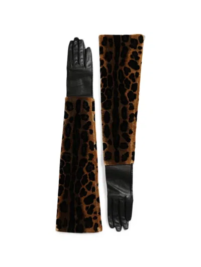 Dolce & Gabbana Leopard Print Leather And Viscose Gloves In Brown