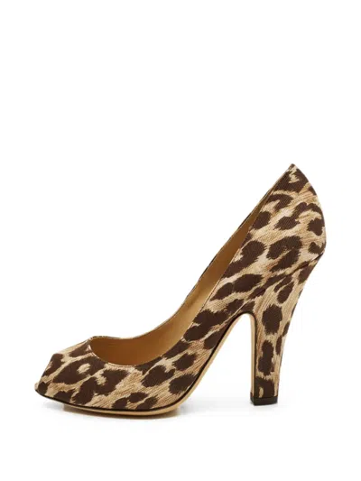 Pre-owned Dolce & Gabbana Leopard-print Peep-toe Pumps In Brown